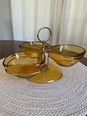 Vereco France Amber Glass Condiment Snack Serving Set Caddy MCM Vintage